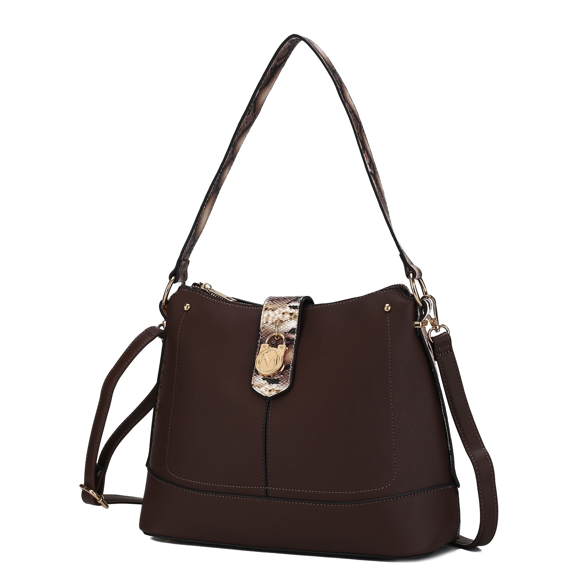 (brown)Ezra Snake Embossed Shoulder Handbag by Mia K - BagNook