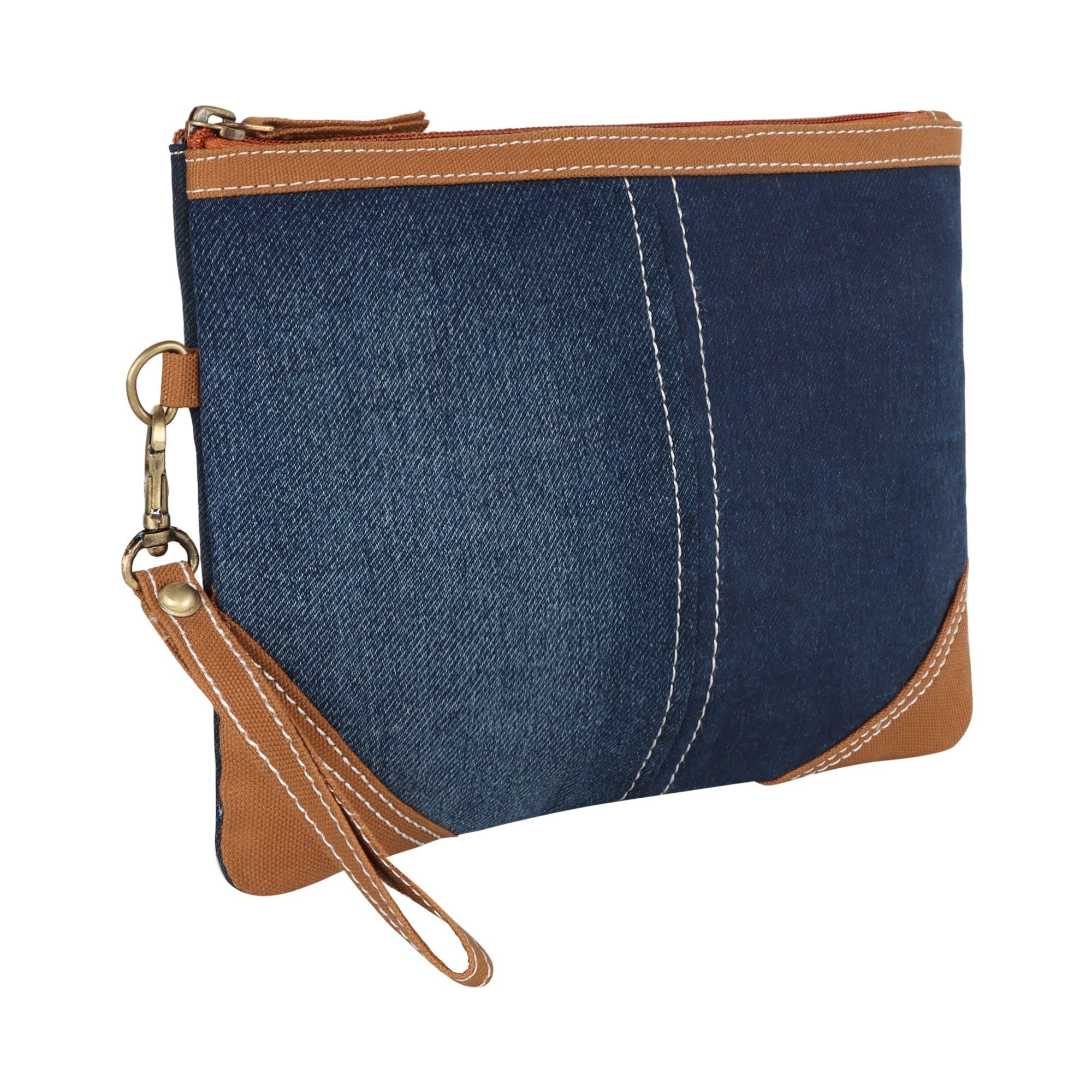 Erica Denim Wristlet W/ Brown Accents - Upcycled - BagNook