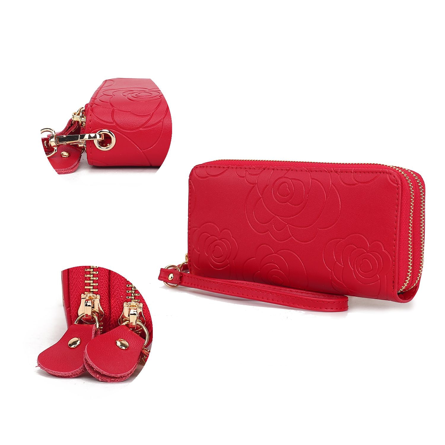 (red)Ellie Vegan Leather Flower Embossed Wristlet by Mia K - BagNook