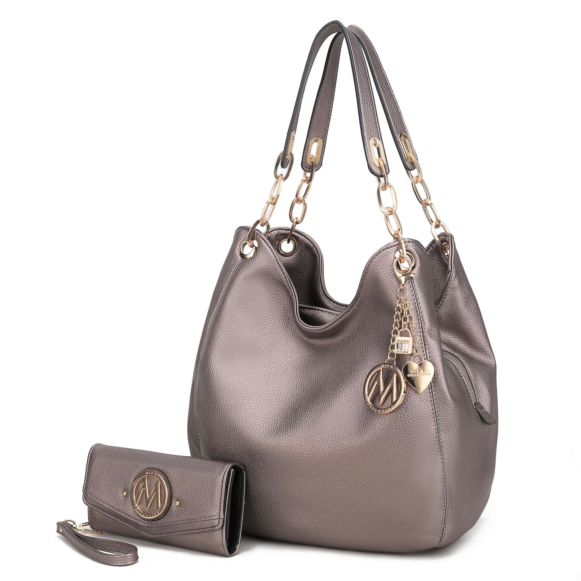(pewter)Ashley Vegan Leather Hobo Bag with Wallet - 2 pieces by Mia k - BagNook