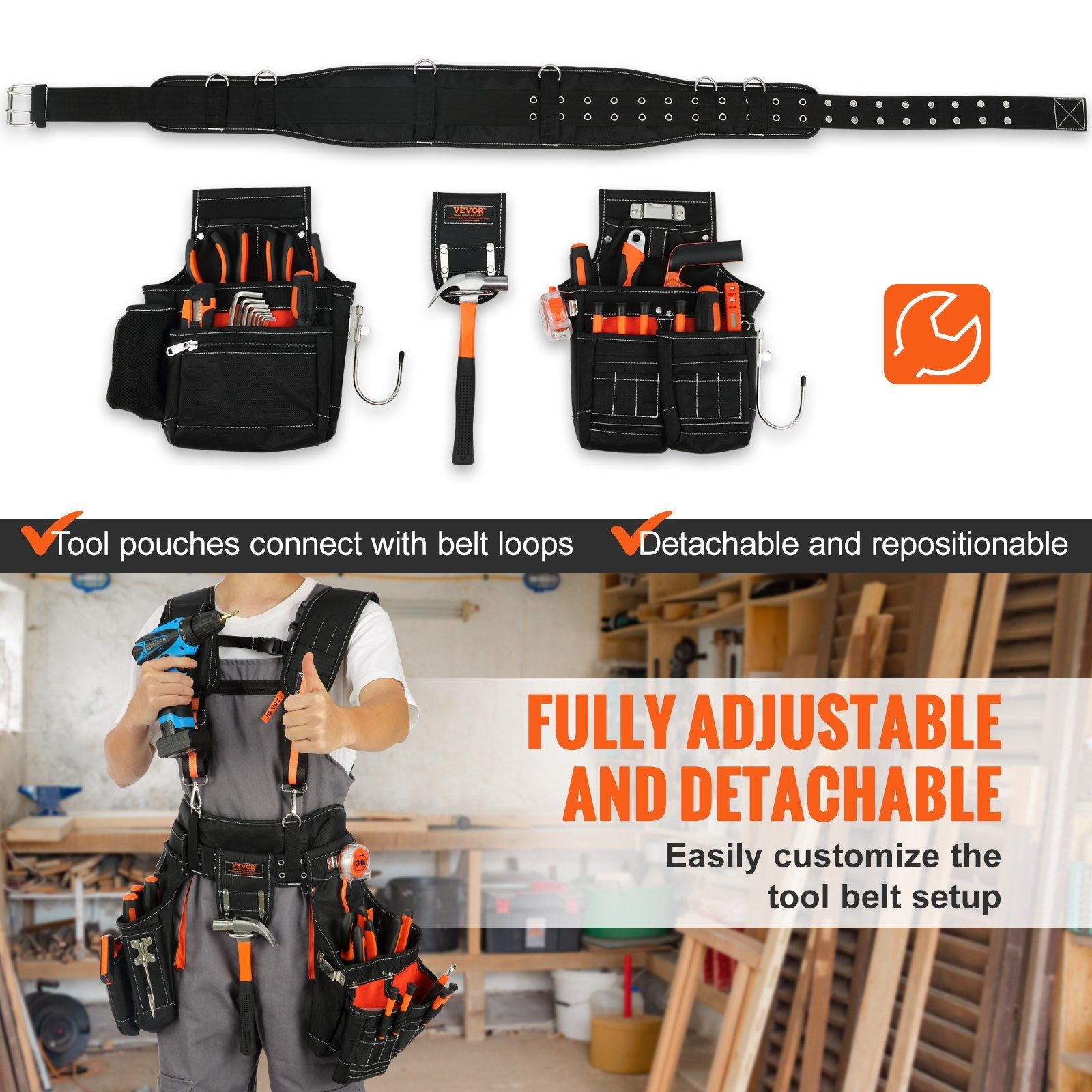 VEVOR Tool Belt with Suspenders, 29 Pockets - Fully Adjustable - Black - BagNook