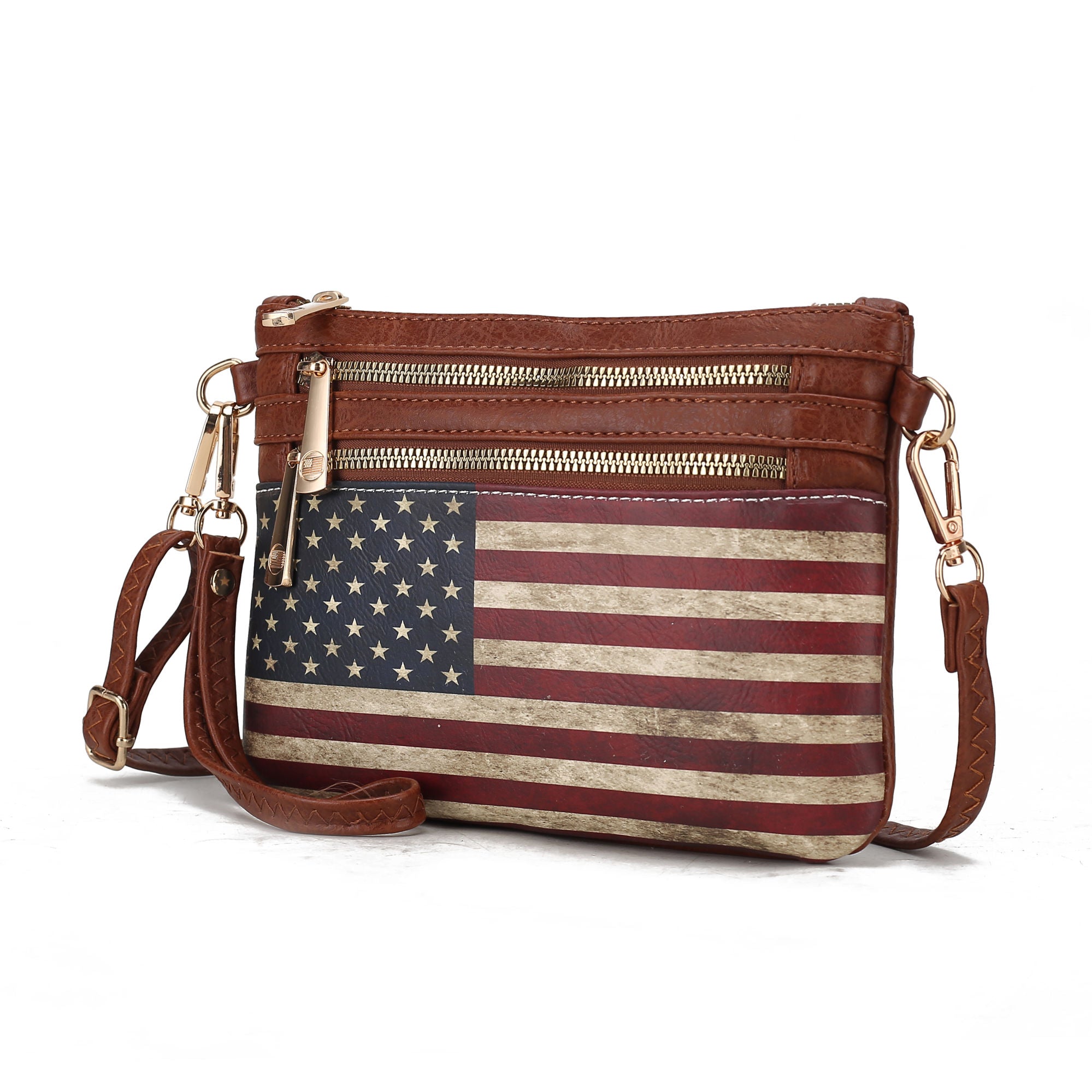 (tan)Alisson Vegan Leather FLAG Crossbody Bag by Mia K - BagNook