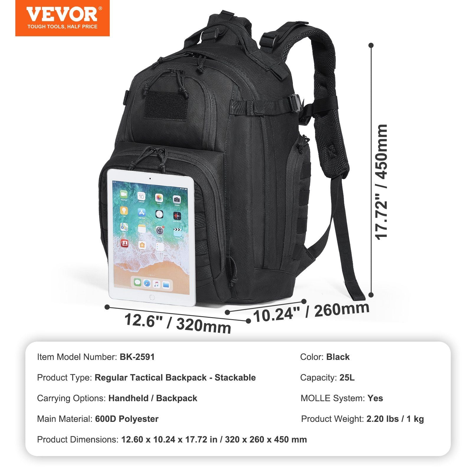 Tactical Backpack 25L Military Backpack with Molle Mode - Blk - BagNook