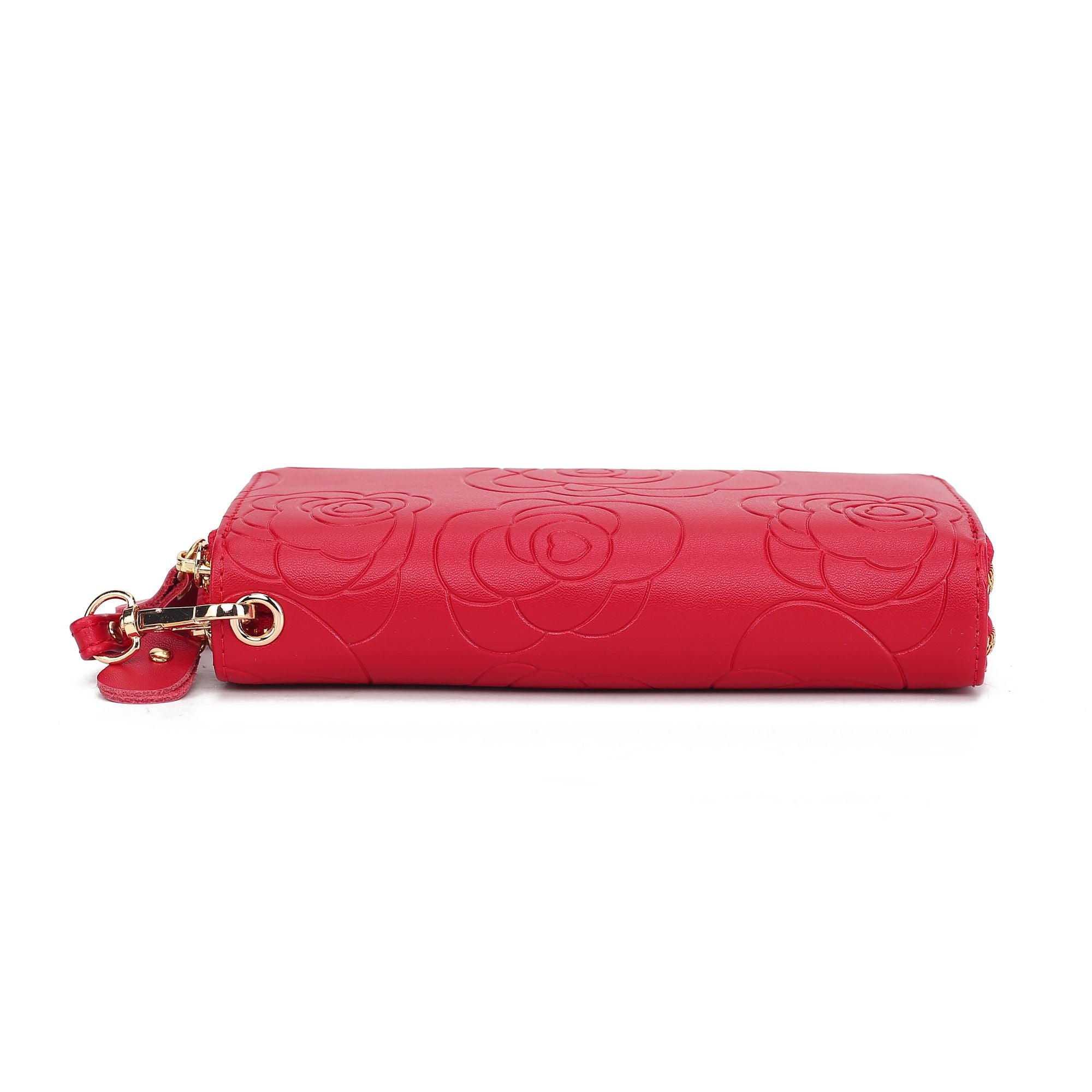 (red)Ellie Vegan Leather Flower Embossed Wristlet by Mia K - BagNook
