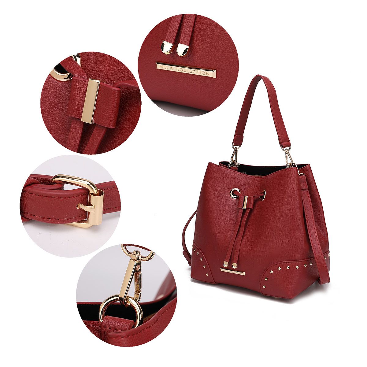(wine)Callie Solid Bucket Bag with Matching Wallet by Mia K - BagNook