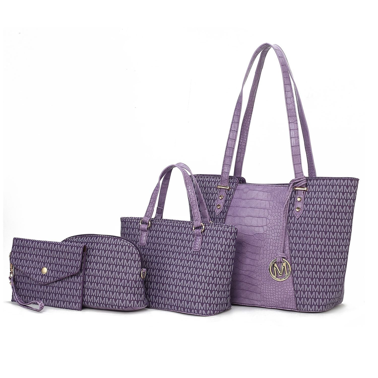 (purple)Lippa M Signature Crocodile Embossed Tote Set by Mia K - BagNook