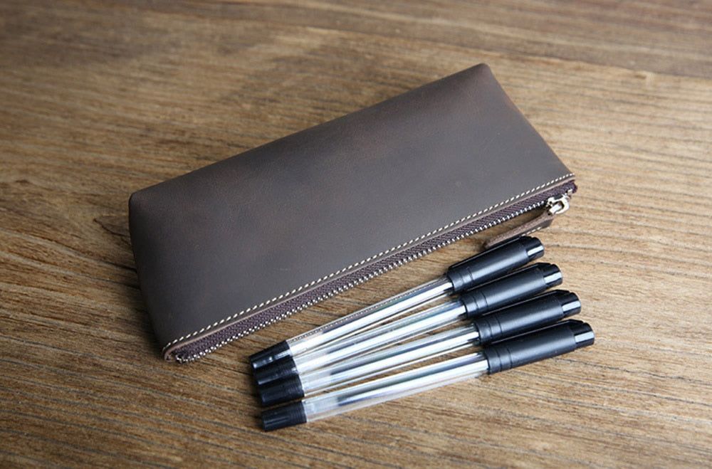 (dark brown)The Pallavi | Handmade Leather Pencil / Makeup Bag - BagNook