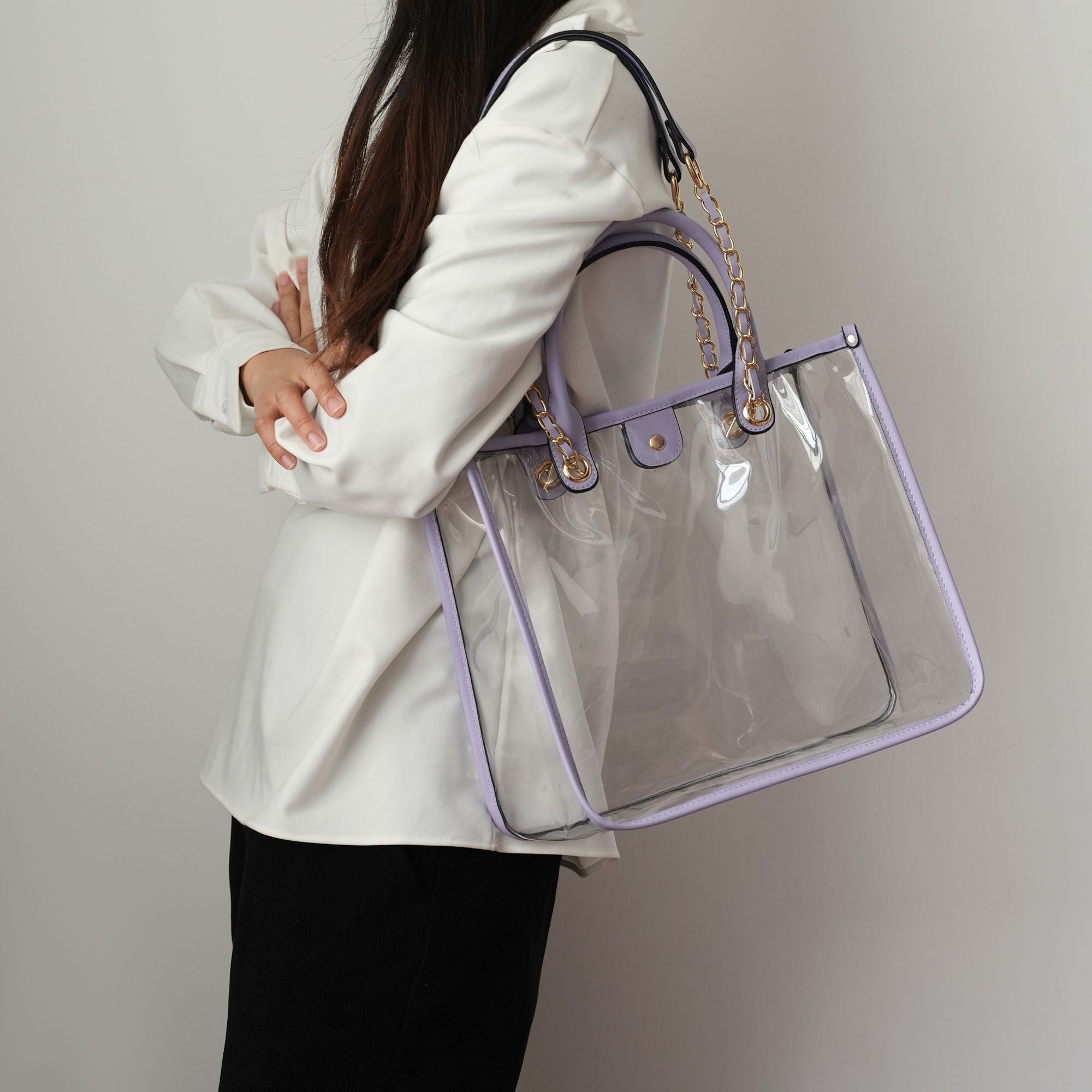 (lilac)Diva PVC Tote Bag with Tweed Bucket Bag by Mia K. - BagNook