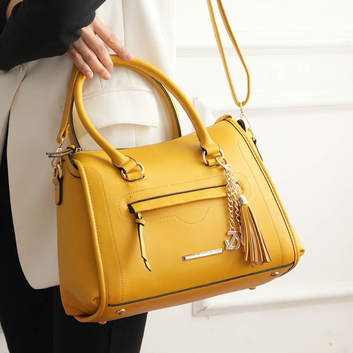 (mustard)Valeria Satchel Handbag with Keyring by Mia K - BagNook