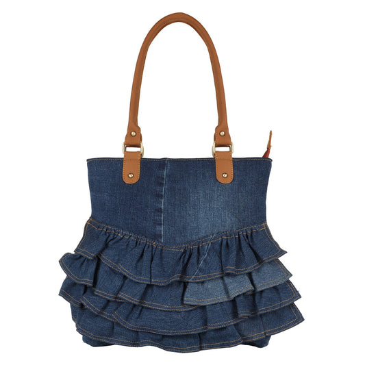 Abby Denim Frill Shoulder Bag - Upcycled Leather - BagNook