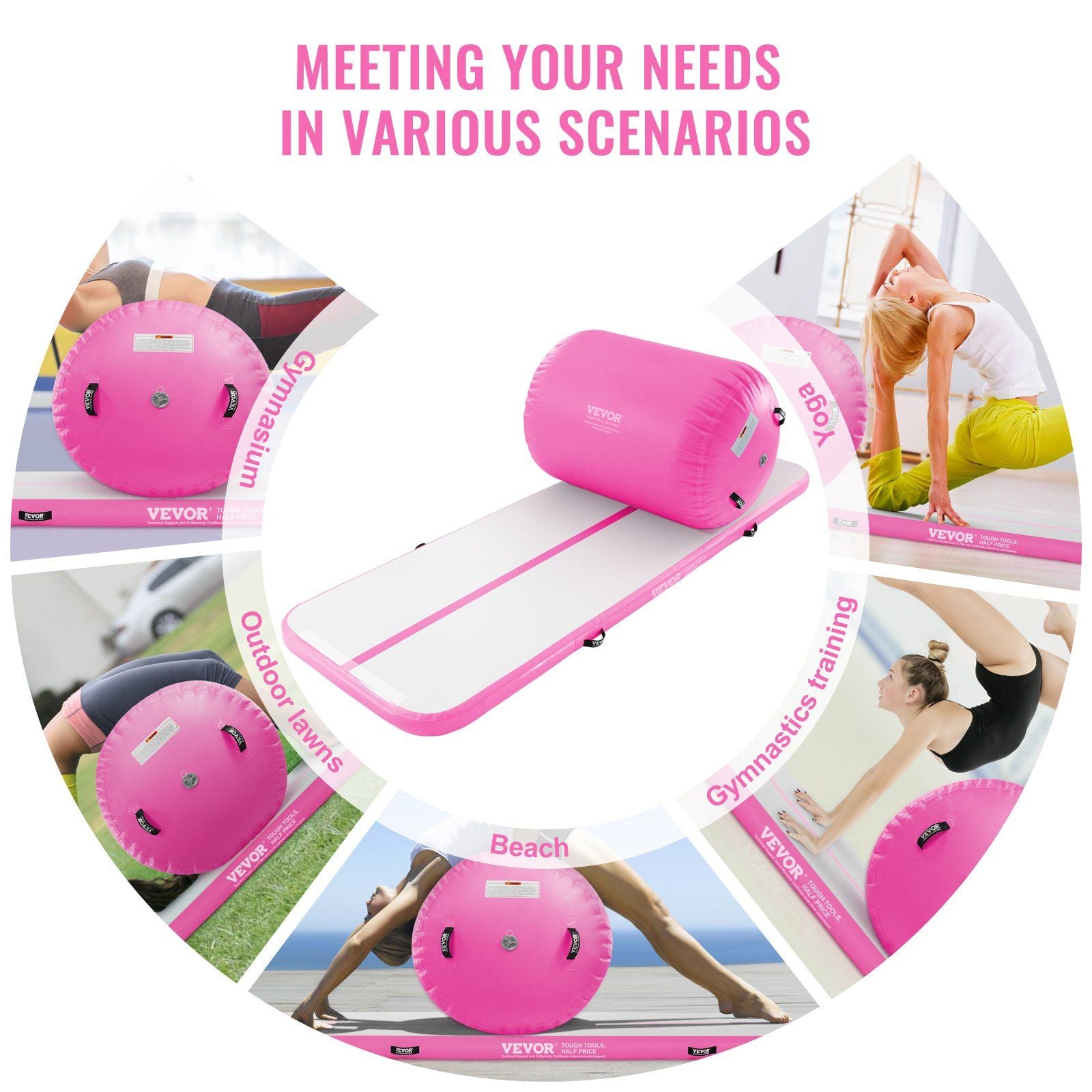 BUNDLE - VEVOR Inflatable Gymnastics 10ft Air Mat & Air Barrel Set, 2 PCS - Pink - BagNook