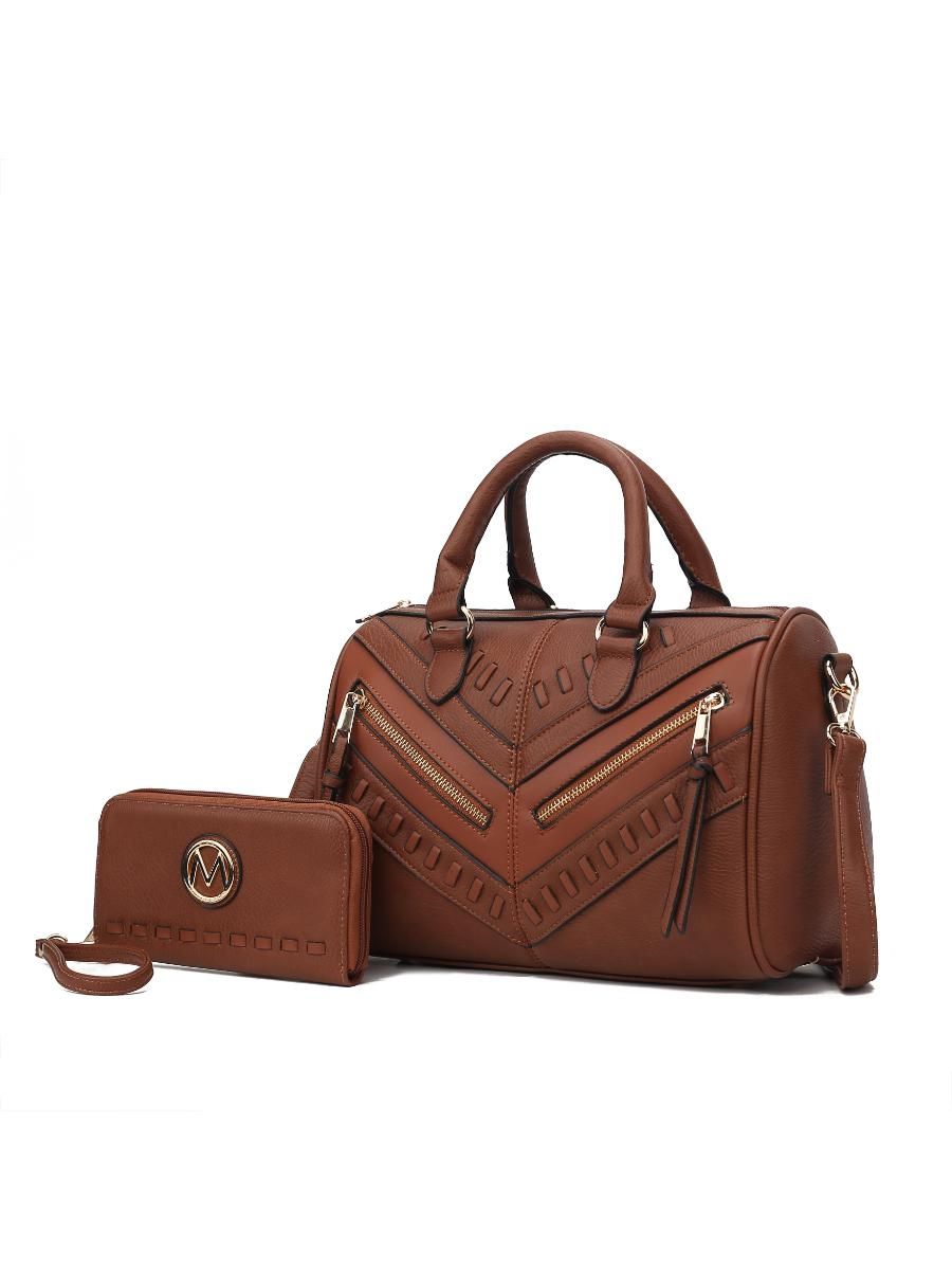 (brown)Lara Vegan Leather Satchel with Wallet by Mia k - BagNook