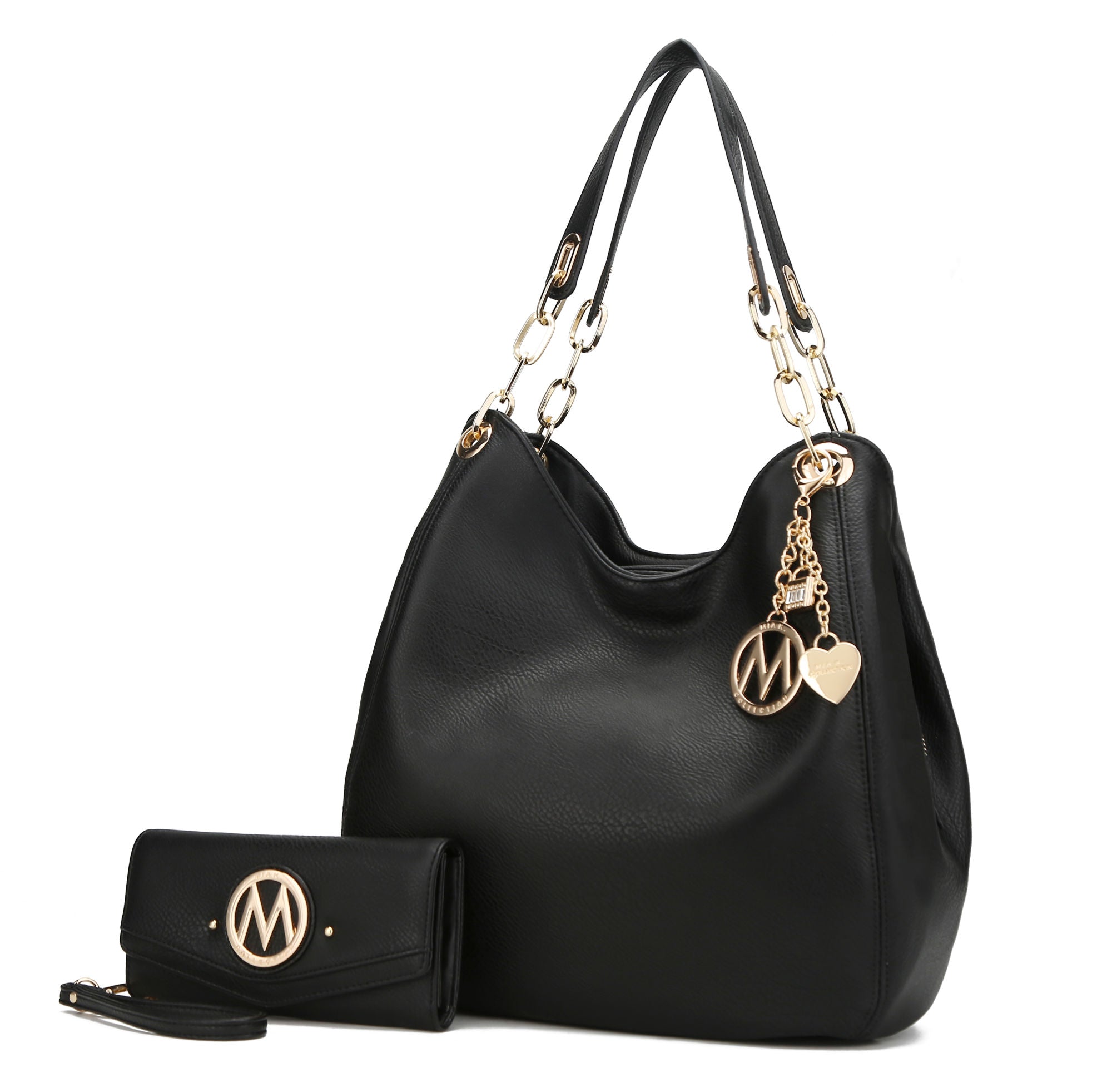 (black)Ashley Vegan Leather Hobo Bag with Wallet - 2 pieces by Mia k - BagNook
