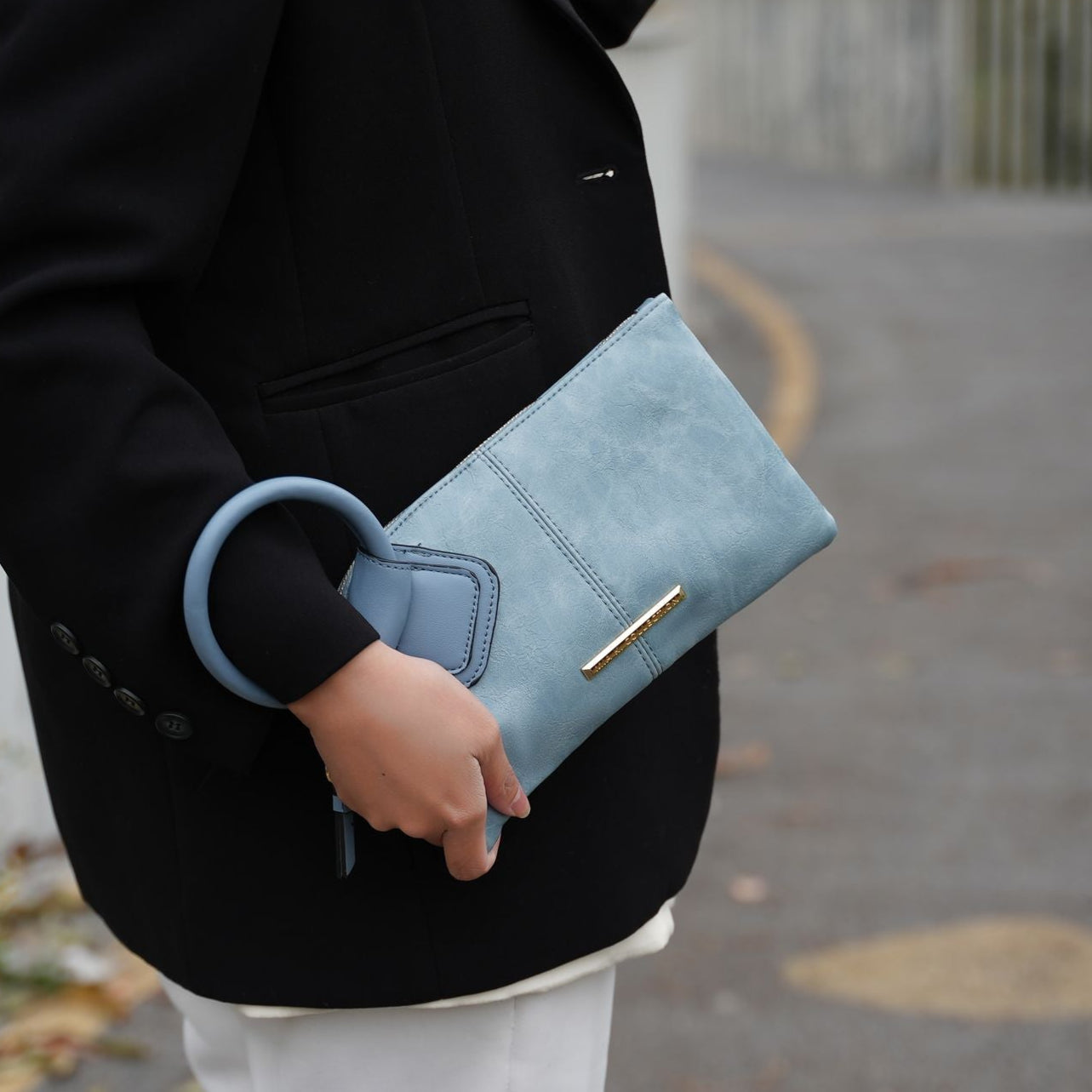 (denim)Simone Clutch/Wristlet Handbag Vegan Leather by Mia k - BagNook