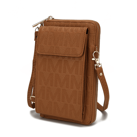 (tan)Caddy Vegan Leather Phone Wallet Crossbody by Mia k - BagNook