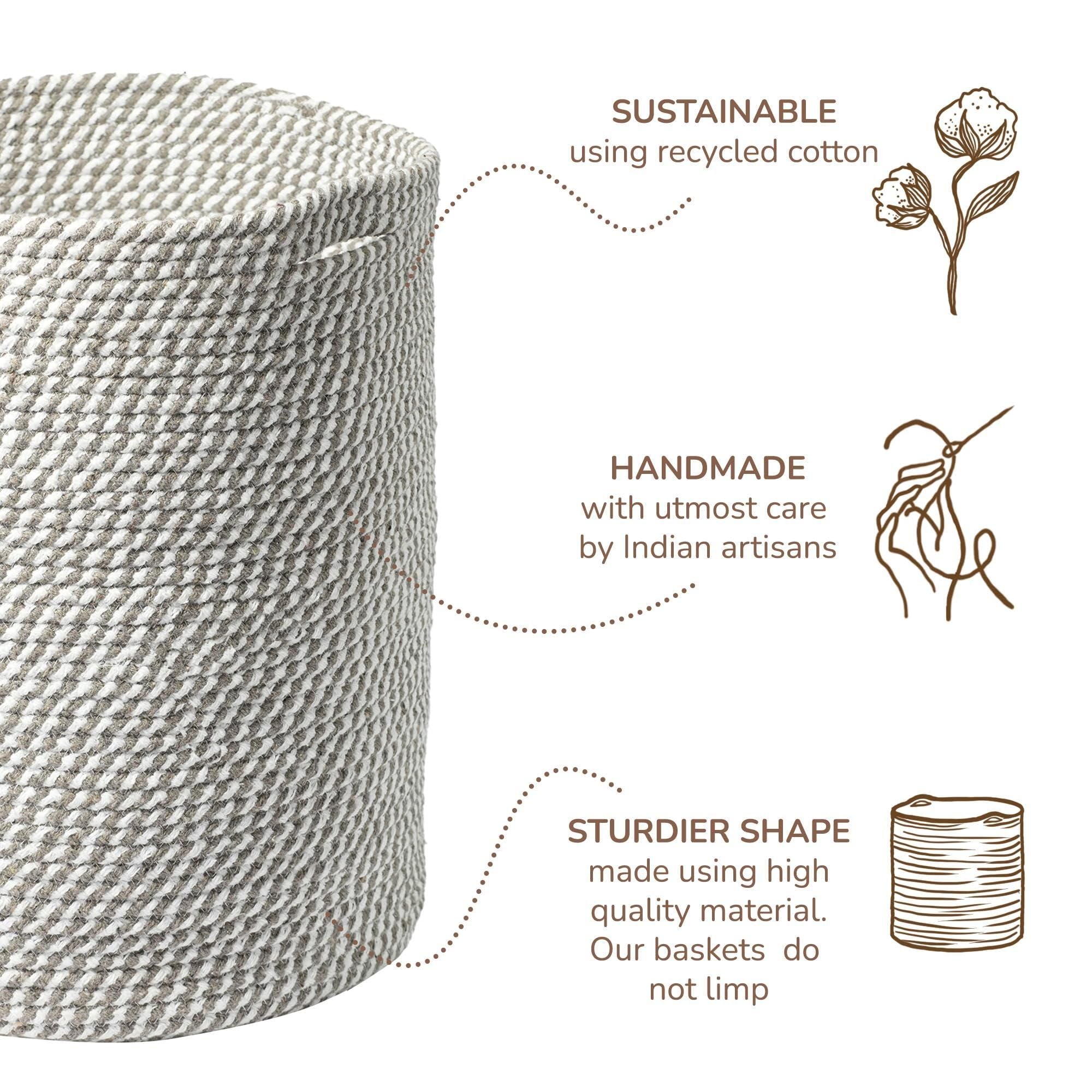 Recycled Cotton Laundry Basket - Woven Rope White Gray Mélange - BagNook