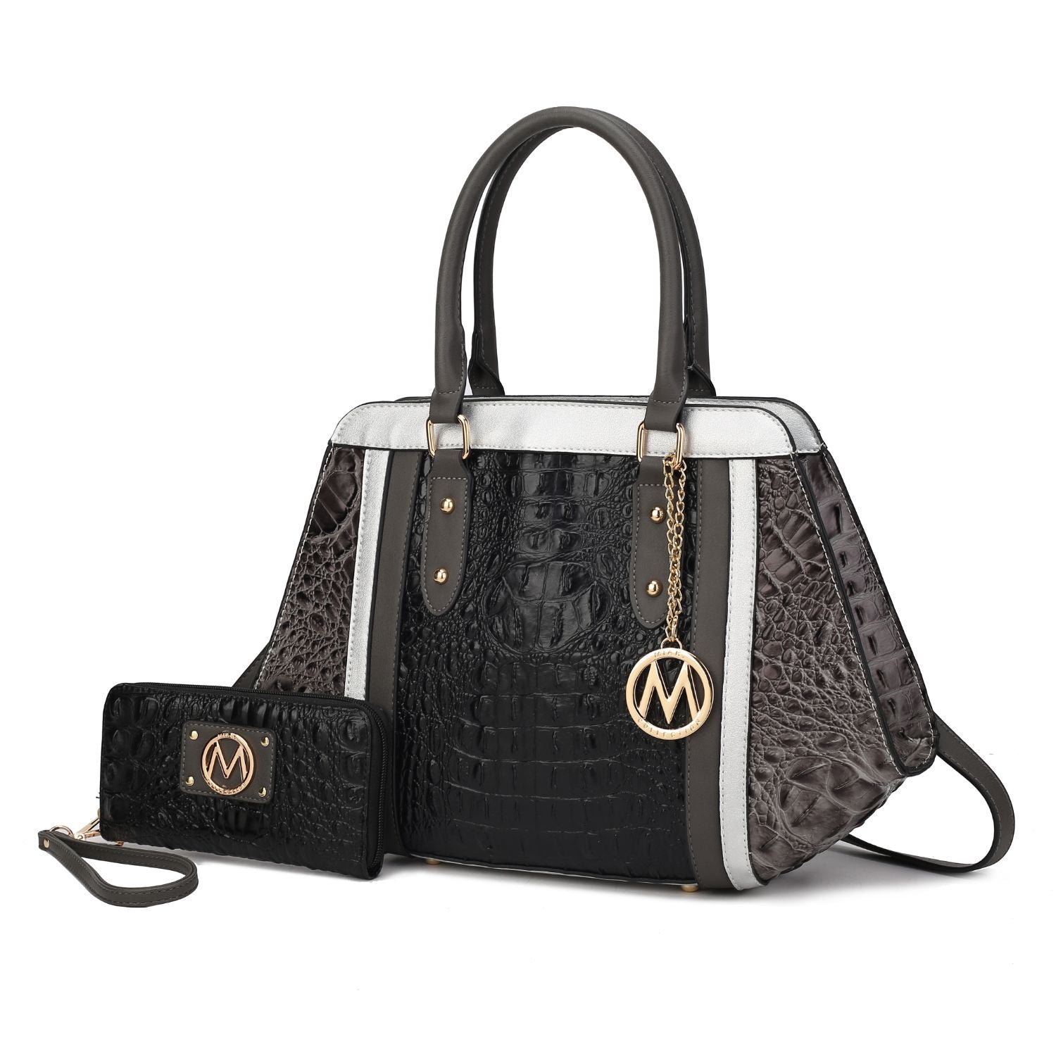 (black charcoal)Daisy Croco Satchel & Wallet by Mia K - BagNook