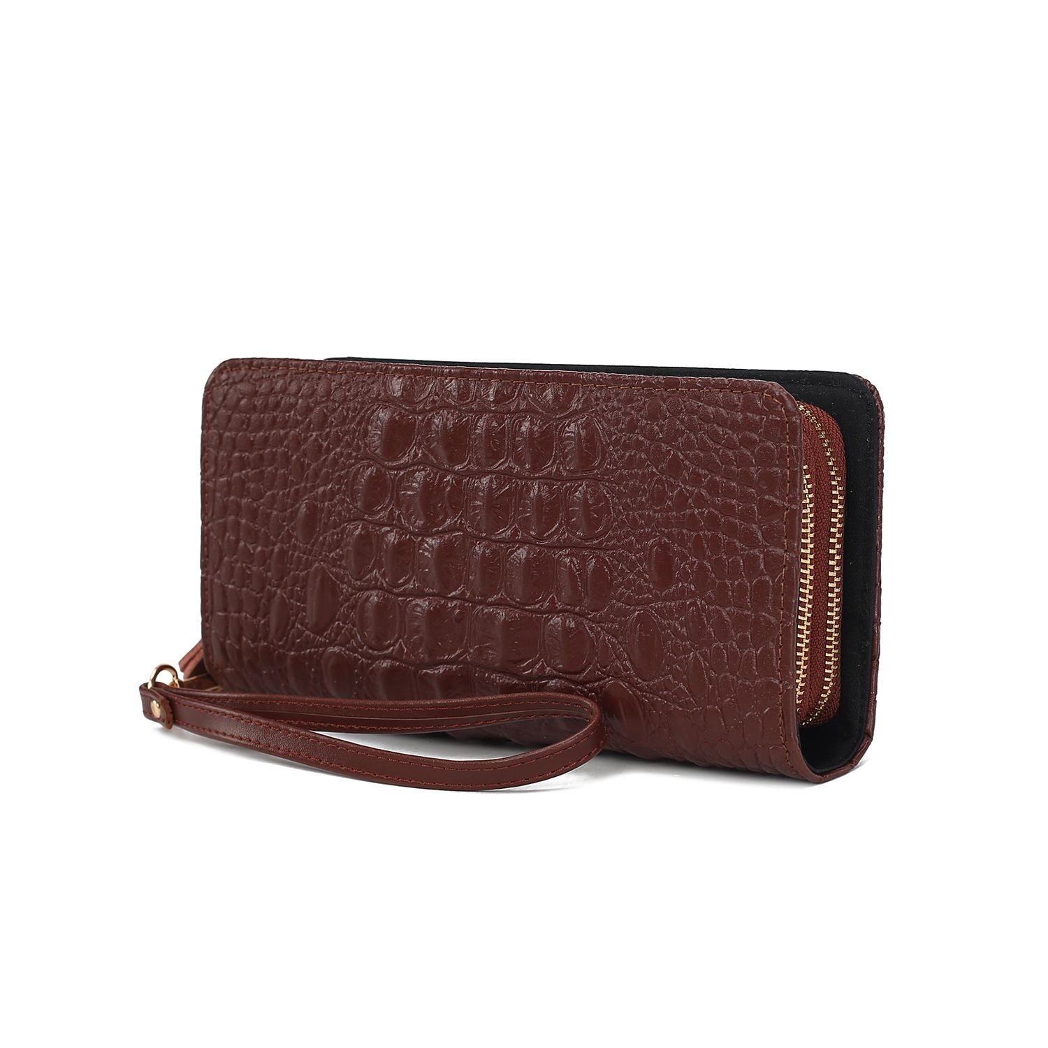 (coffee)Eve Vegan Leather Crocodile Embossed Wristlet by Mia K - BagNook