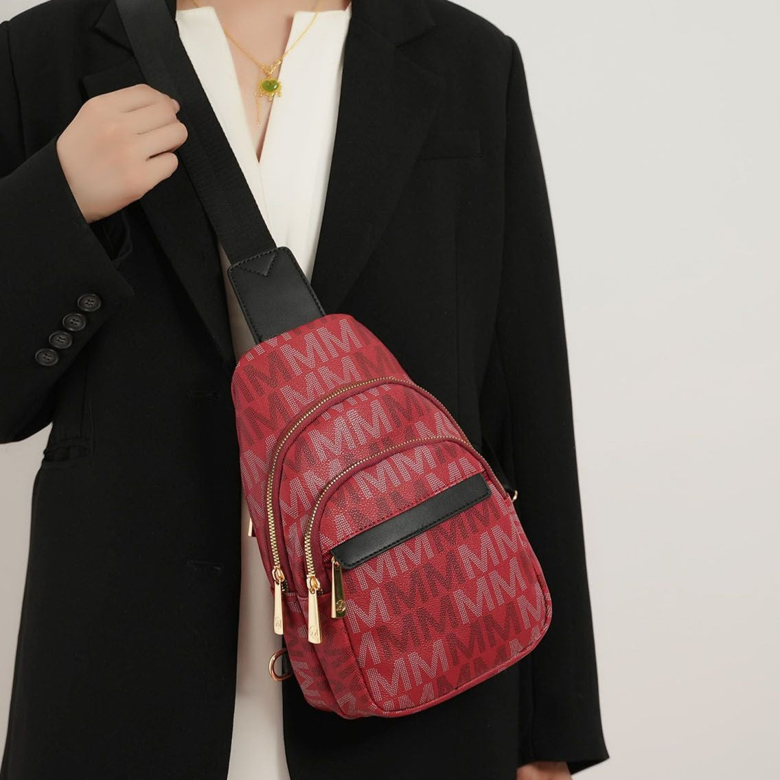 (burgundy)Helaena M Logo Printed Vegan Leather Sling Bag by Mia K - BagNook