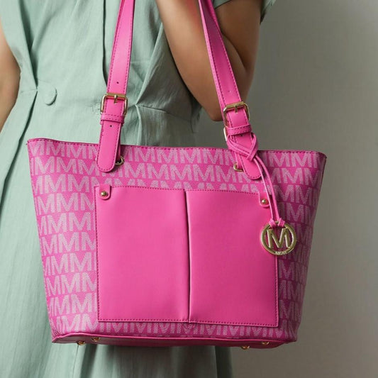 (fuchsia)Havenly 4pc Signature Vegan Leather Tote Bag Set by Mia K - BagNook