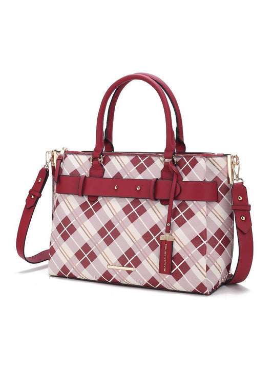 (red)Coleen Vegan Leather Women Plaid Satchel Bag by Mia k - BagNook