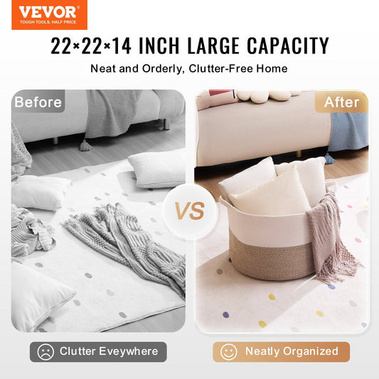 VEVOR Cotton Rope Storage Basket (22 x 22 x 14 in) 23gal Capacity - BagNook