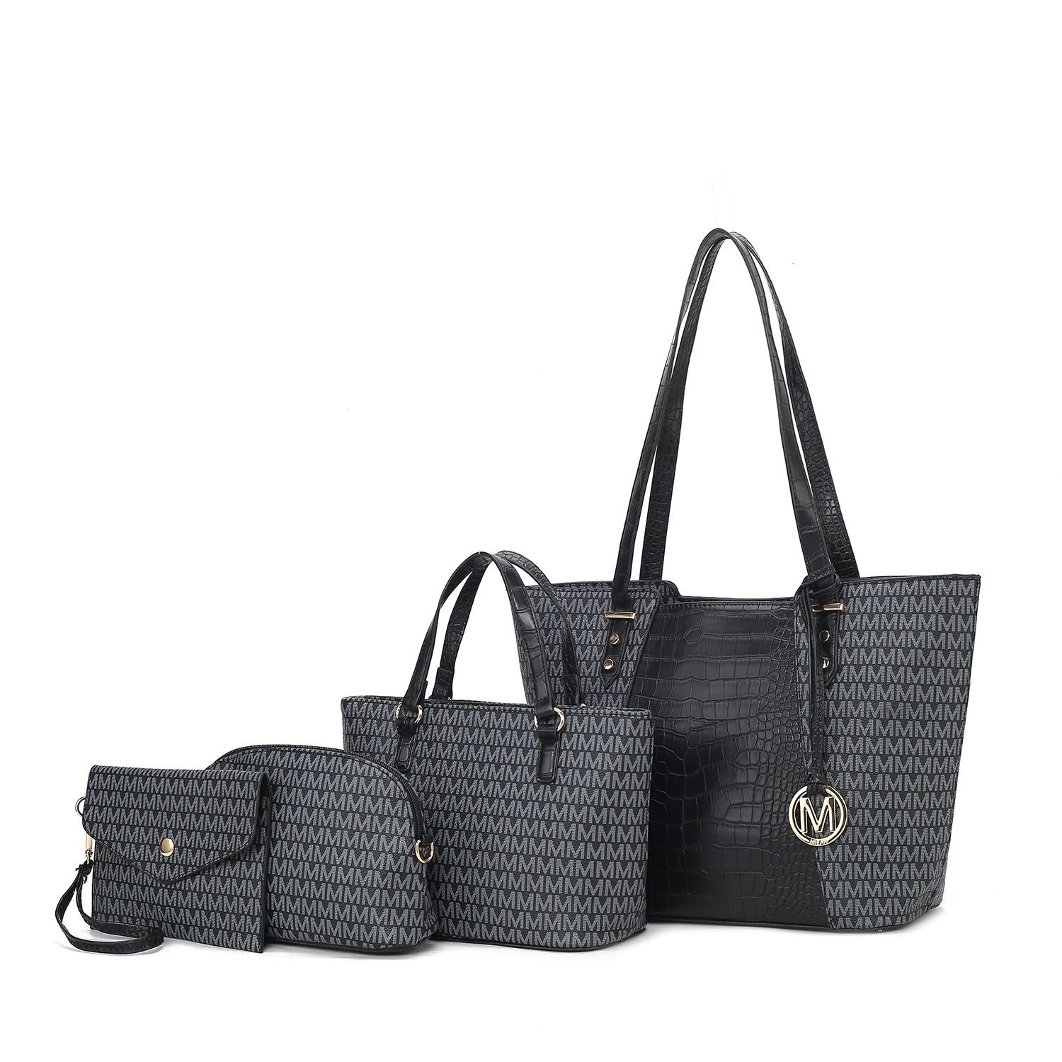 (black)Lippa M Signature Crocodile Embossed Tote Set by Mia K - BagNook
