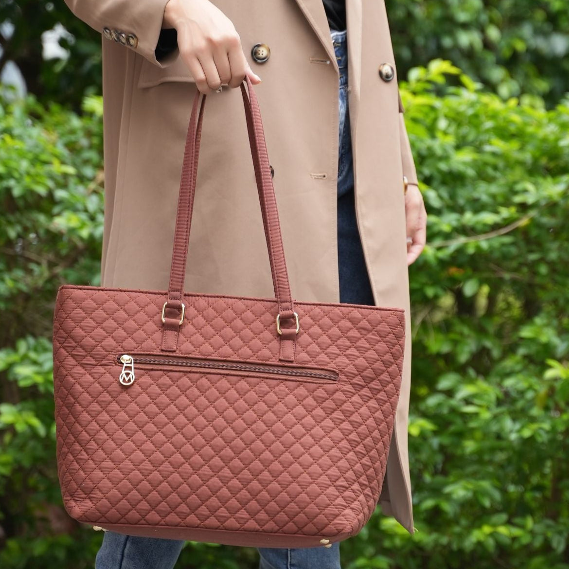 (brown) Quilted Cotton Women Tote - bagNook