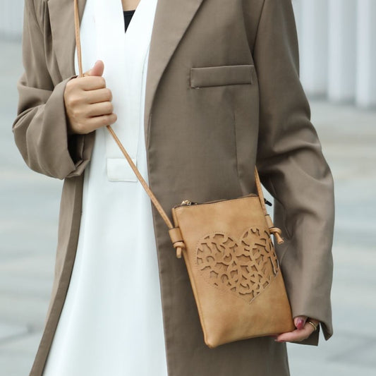 (camel)Heartly Crossbody Vegan Leather Bag by Mia K - BagNook