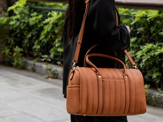(brown)Luana Quilted Vegan Leather Duffel Bag by Mia k - BagNook