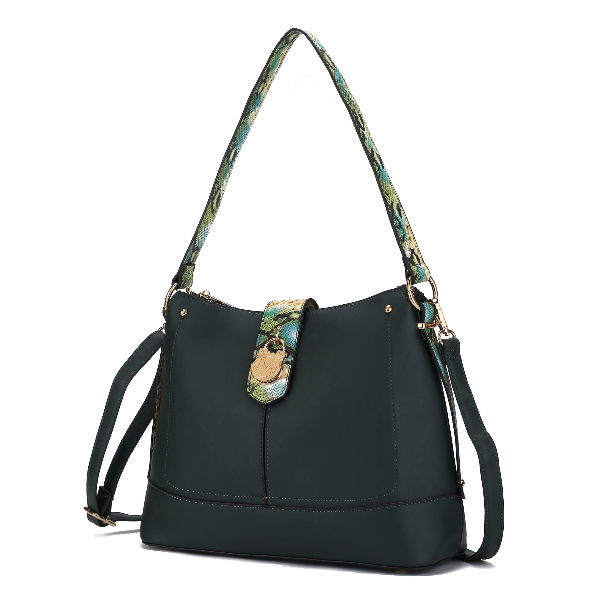 (olive)Ezra Snake Embossed Shoulder Handbag by Mia K - BagNook