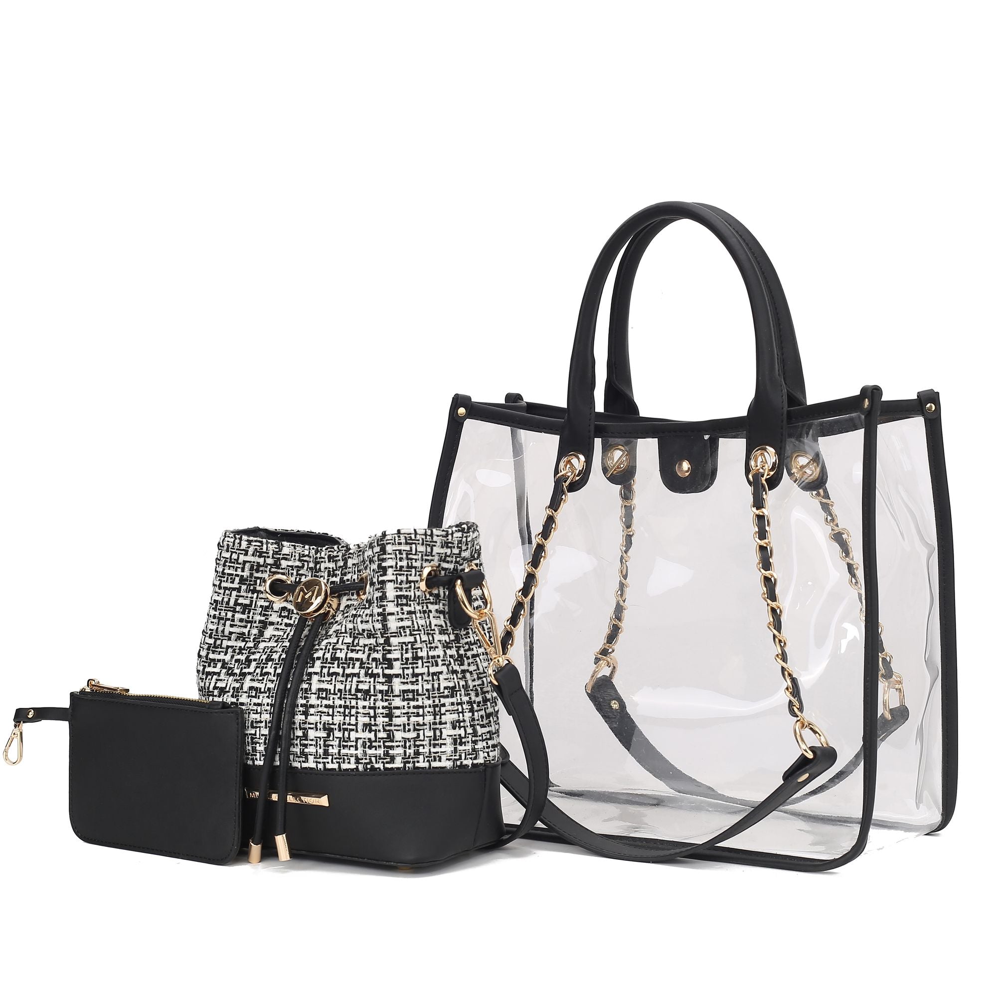 (black)Diva PVC Tote Bag with Tweed Bucket Bag by Mia K. - BagNook