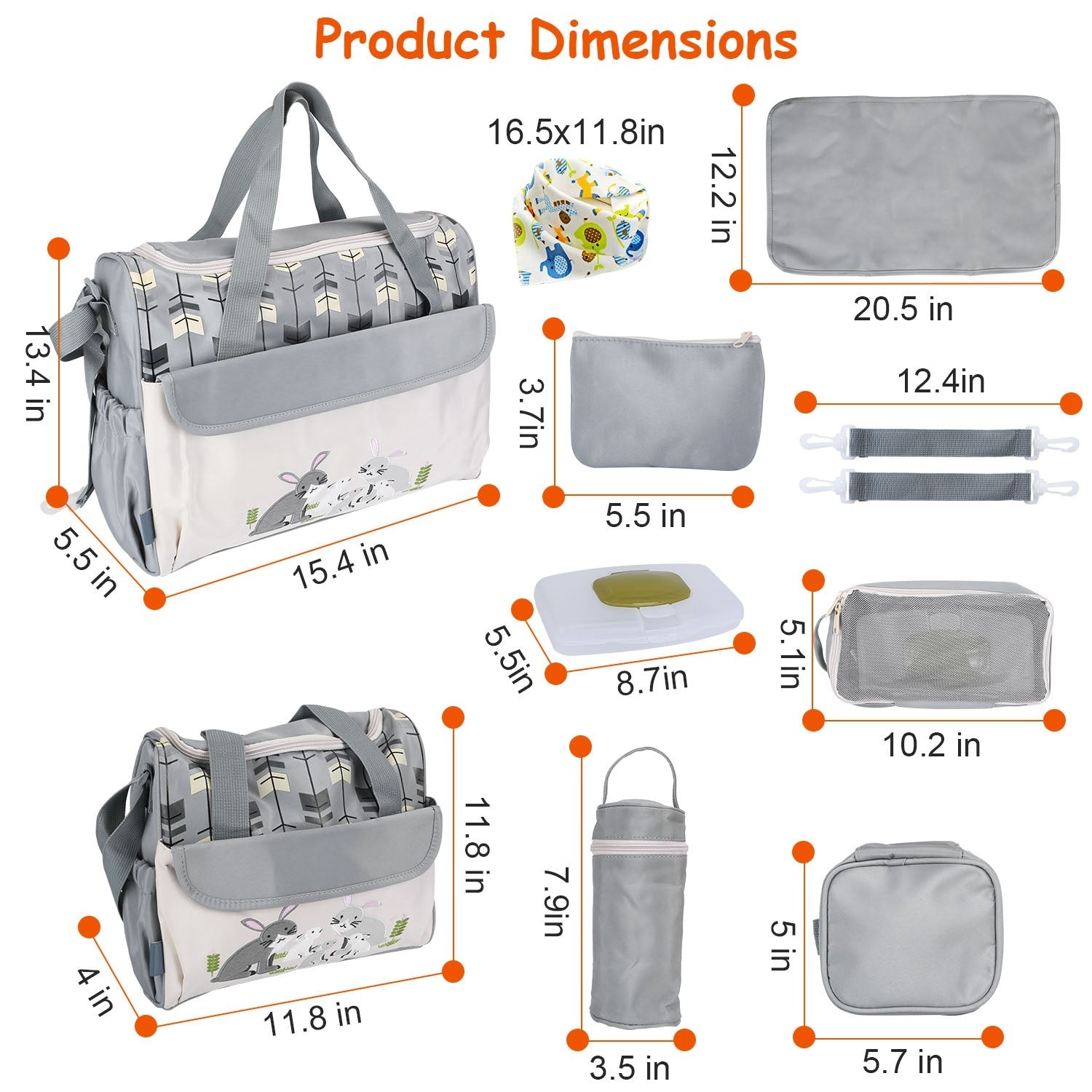 (grey)11Pcs Baby Diaper Bags Set - BagNook
