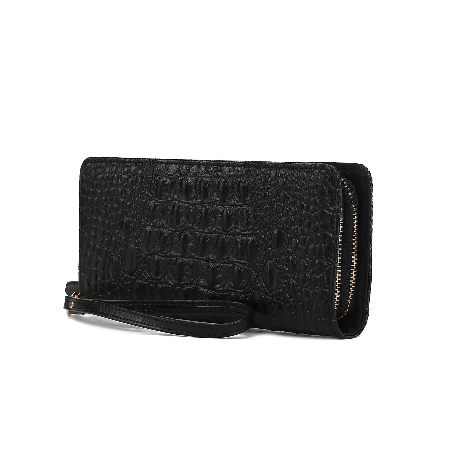 (black)Eve Vegan Leather Crocodile Embossed Wristlet by Mia K - BagNook