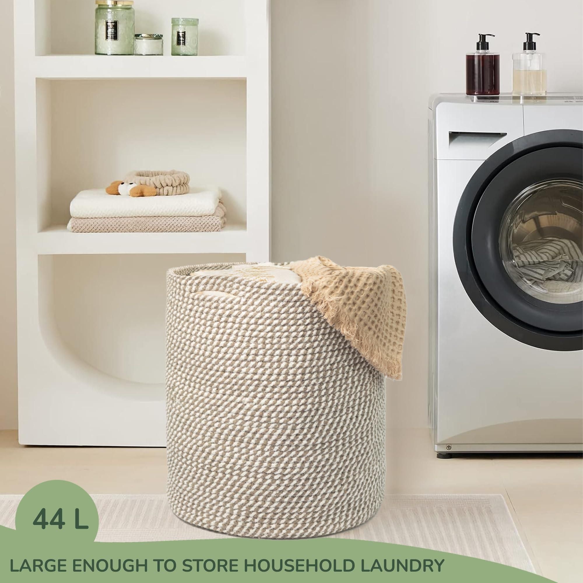 Recycled Cotton Laundry Basket - Woven Rope White Gray Mélange - BagNook