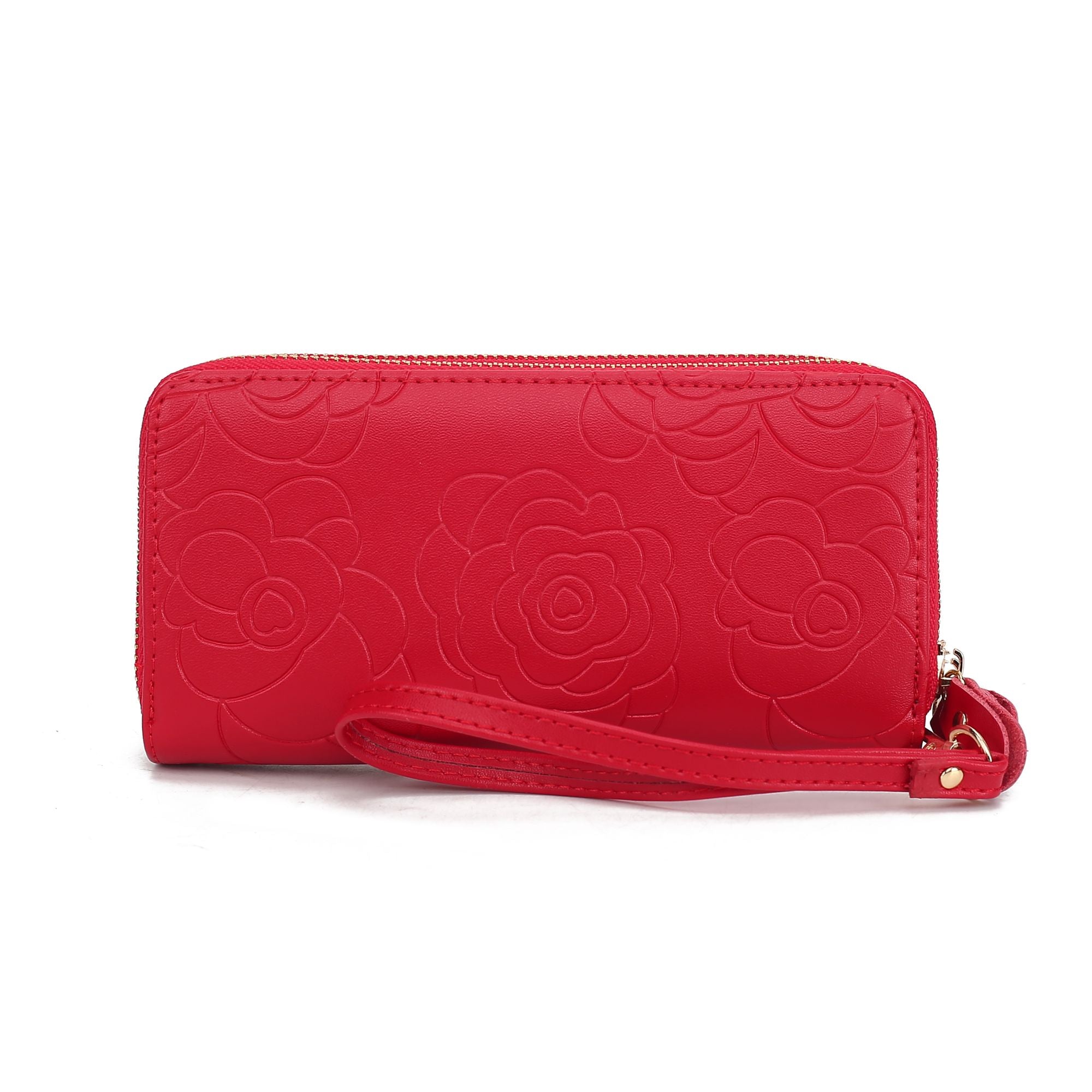 (red)Ellie Vegan Leather Flower Embossed Wristlet by Mia K - BagNook