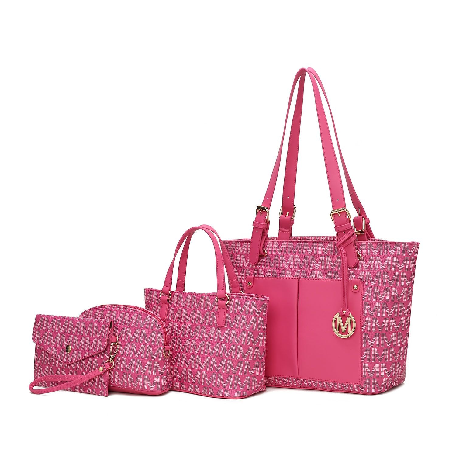 (fuchsia)Havenly 4pc Signature Vegan Leather Tote Bag Set by Mia K - BagNook