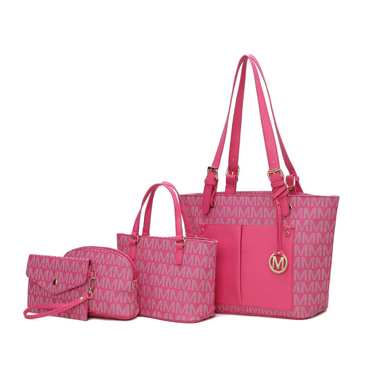 (fuchsia)Havenly 4pc Signature Vegan Leather Tote Bag Set by Mia K - BagNook