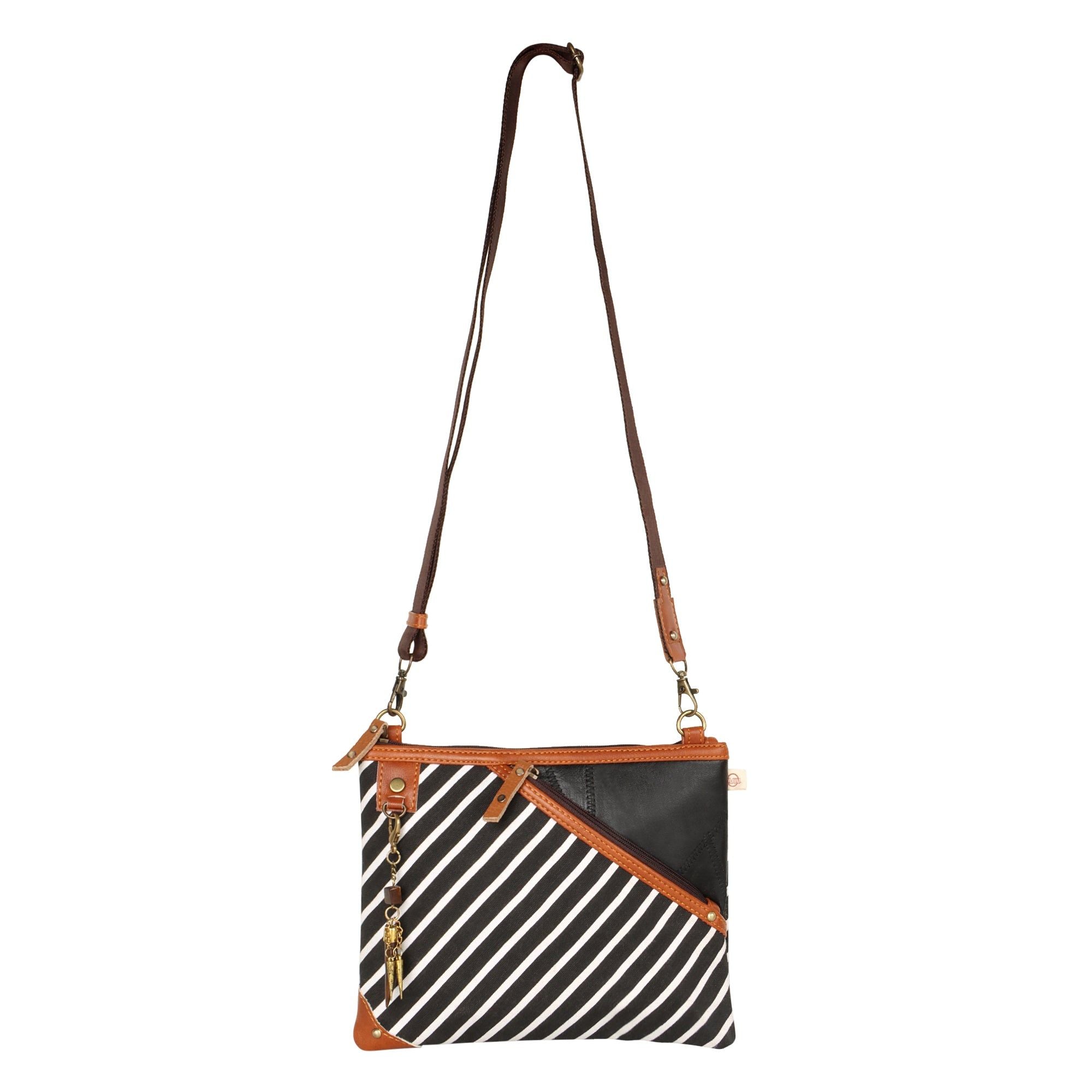 Grayson Wide Crossbody Bag w/ Pocket - Striped - Upcycled Leather - BagNook