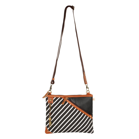 Grayson Wide Crossbody Bag w/ Pocket - Striped - Upcycled Leather - BagNook