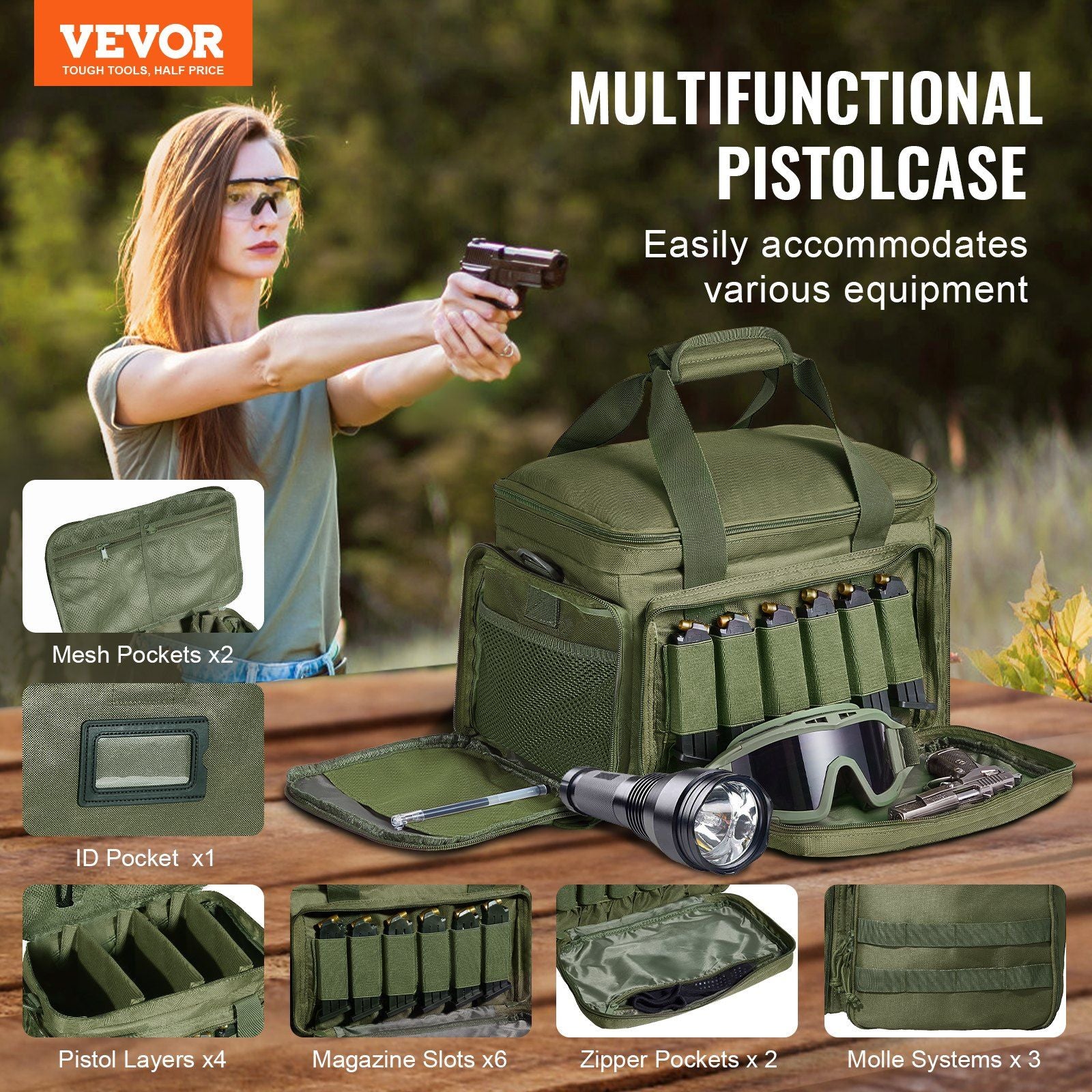 VEVOR Tactical Range Bag for 4 Pistols - Green - BagNook