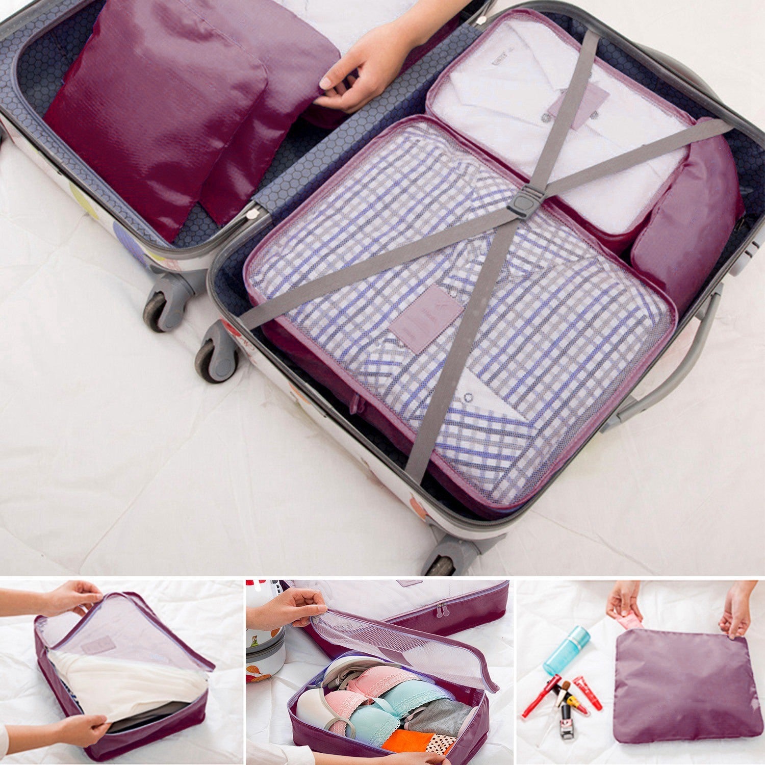 (burgundy)9pc Travel Luggage Organizer - BagNook