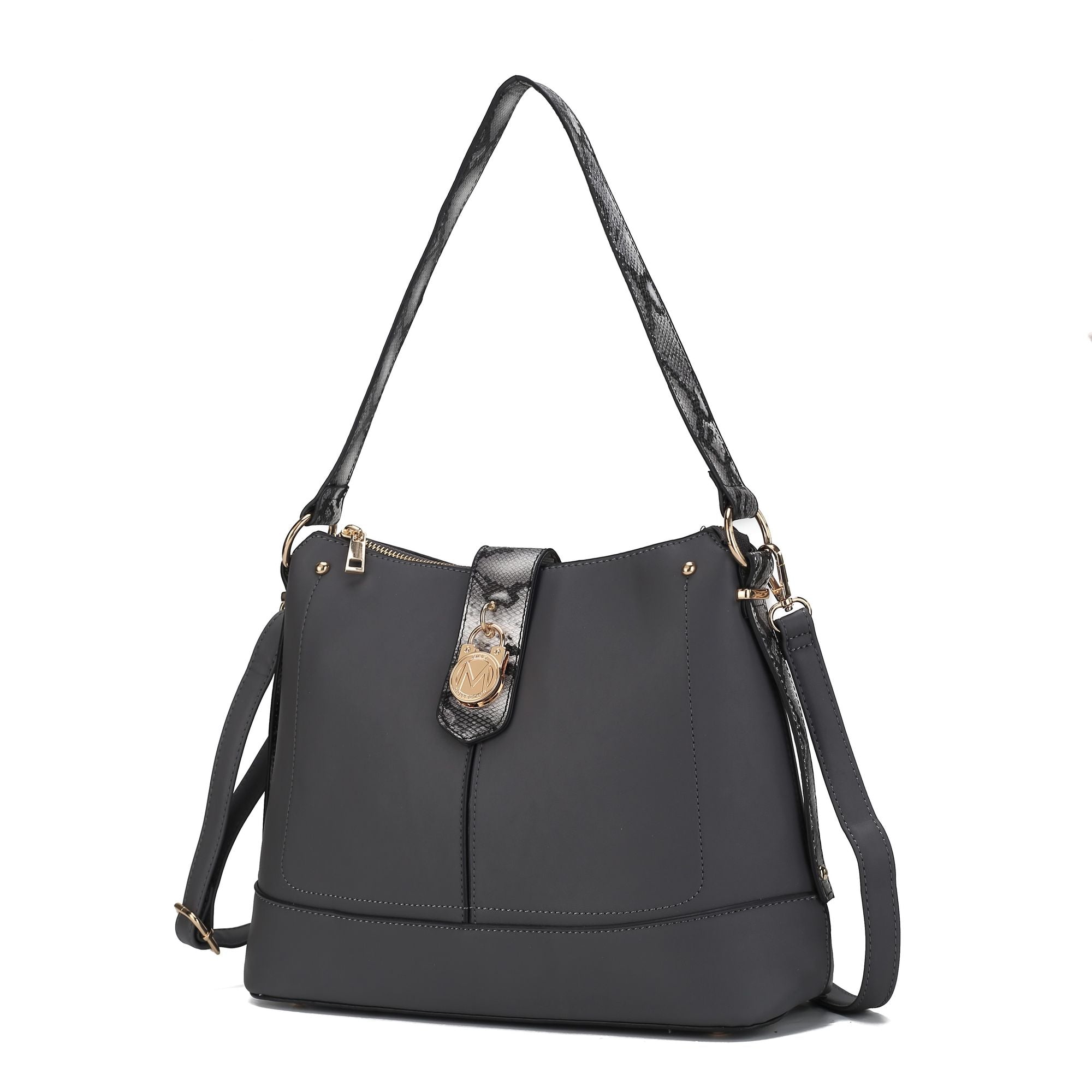 (charcoal)Ezra Snake Embossed Shoulder Handbag by Mia K - BagNook