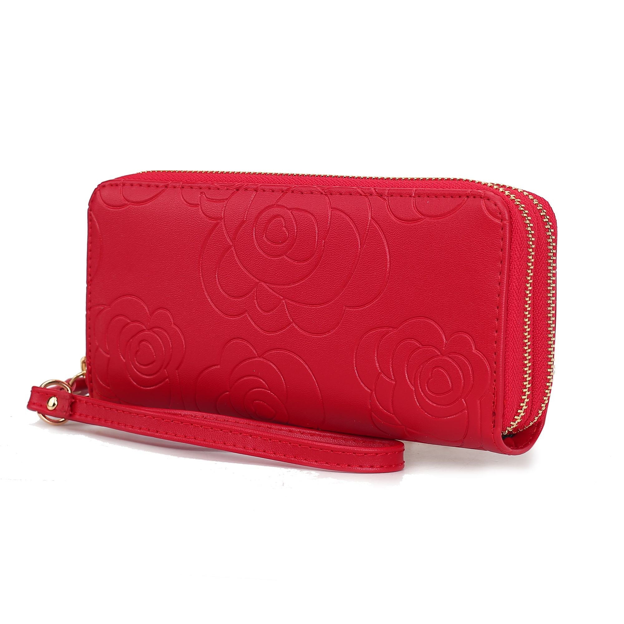 (red)Ellie Vegan Leather Flower Embossed Wristlet by Mia K - BagNook