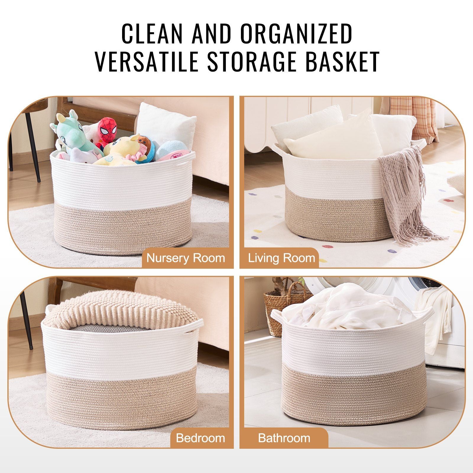 VEVOR Cotton Rope Storage Basket (22 x 22 x 14 in) 23gal Capacity - BagNook
