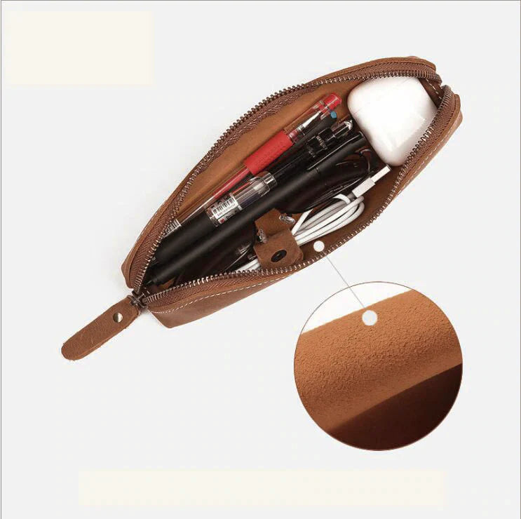 (brown)The Paavo Leather Pen Case | Leather Makeup Pouch - BagNook