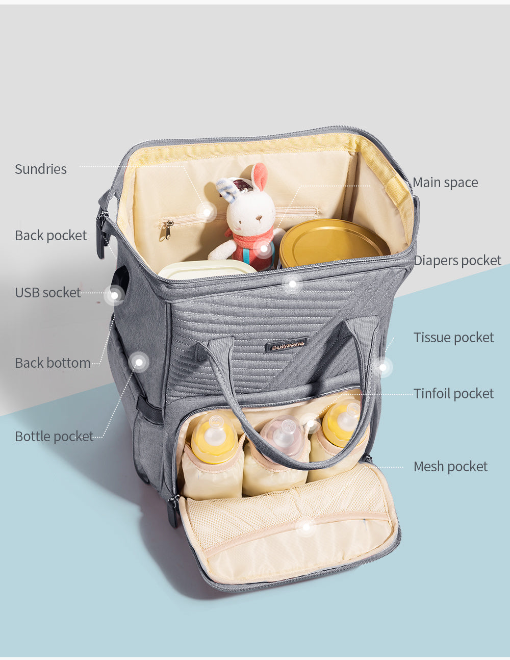 (gray)Sunveno Quilted Diaper Bag - BagNook