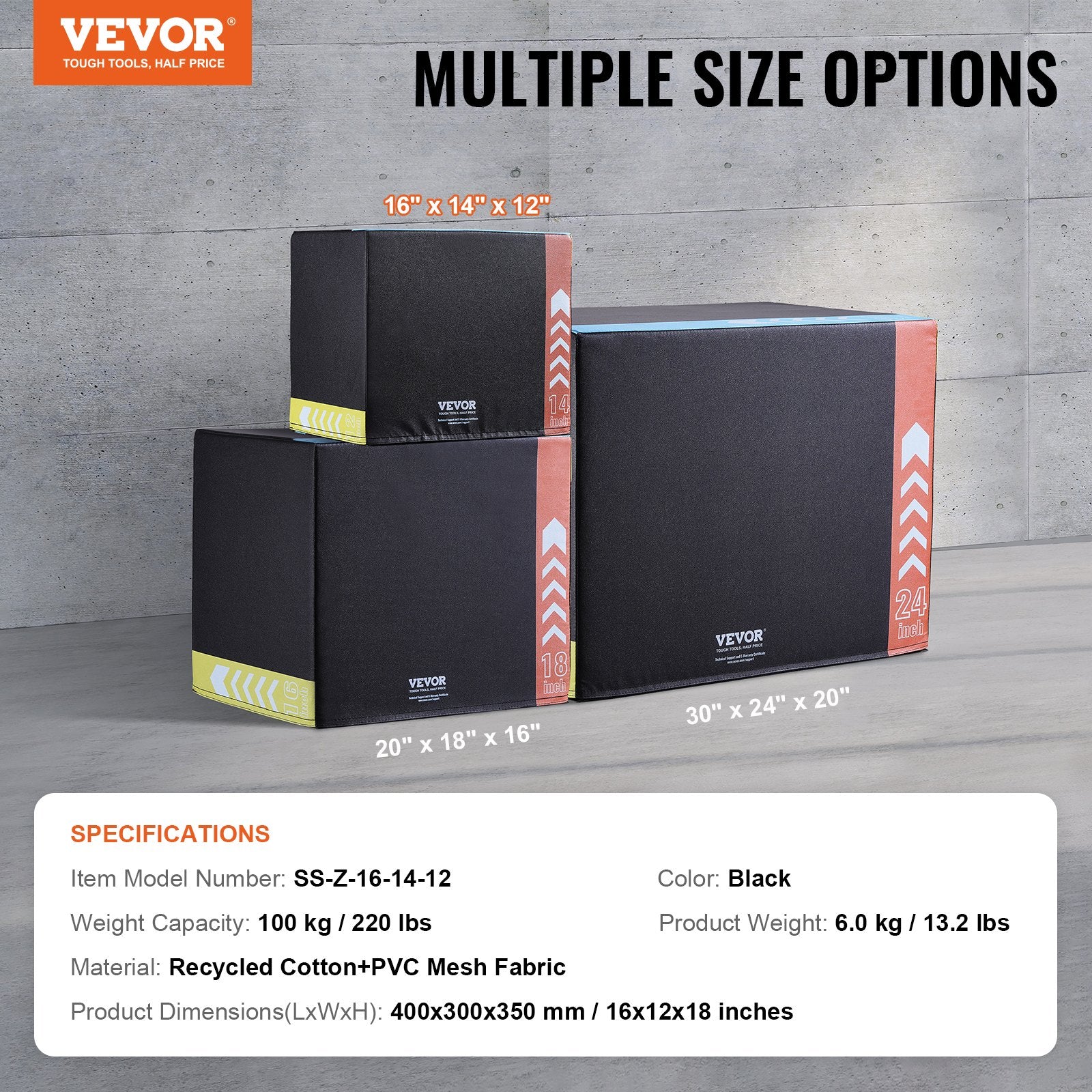 VEVOR 3 in 1 Plyometric Strength Training Jump Box - Recycled Cotton, 16/14/12", Black - BagNook