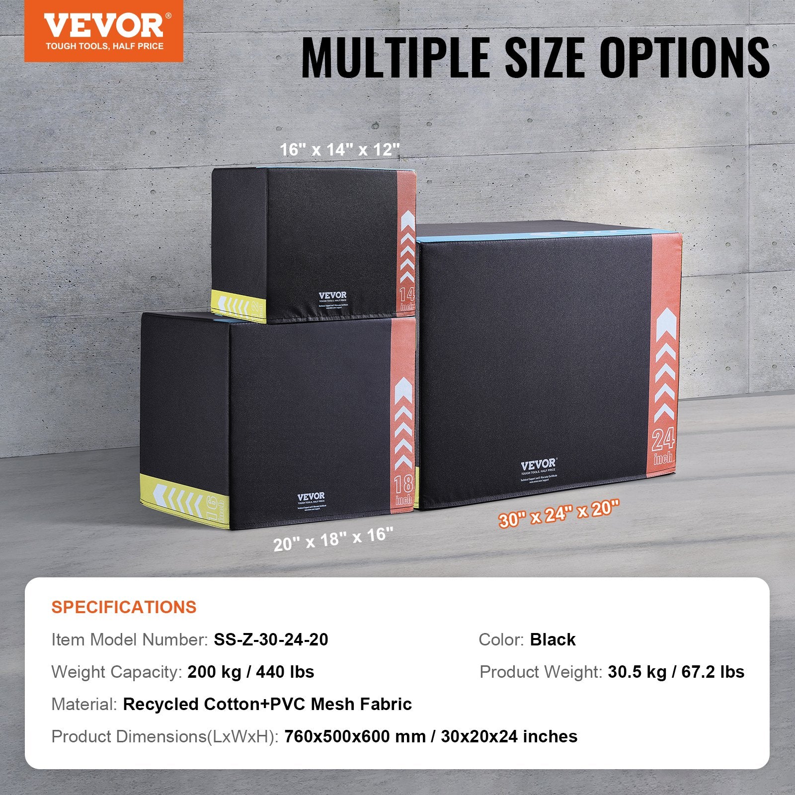 VEVOR 3 in 1 Plyometric Strength Training Jump Box - Recycled Cotton, 30/24/20", Black - BagNook