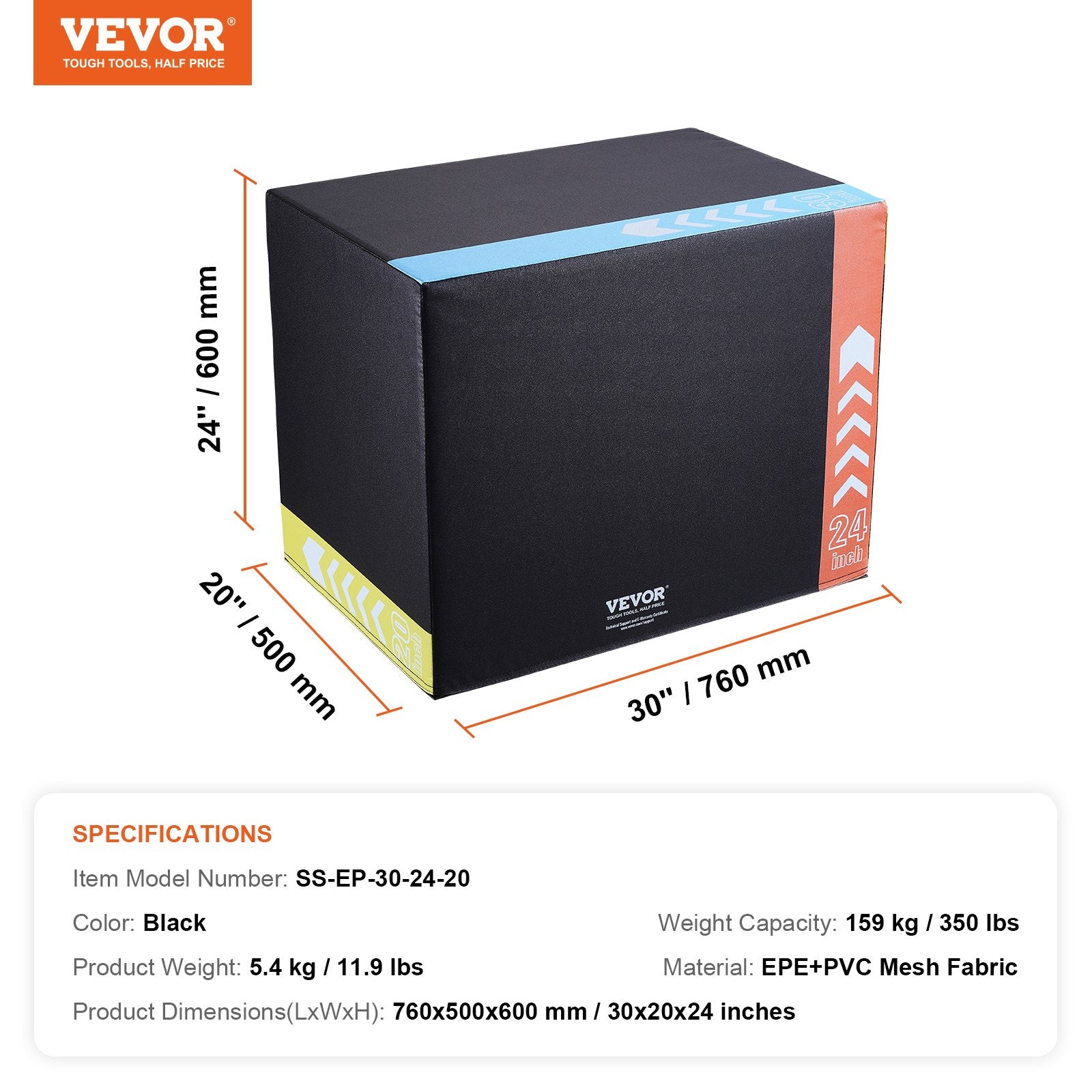 VEVOR 3 in 1 Plyometric Strength Training Jump Box - Foam, 30/24/20", Black - BagNook